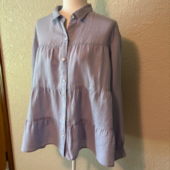 J. Jill Love Linen Periwinkle Blue Linen Tiered Long Sleeve Top Women's Size L - Picture 6 of 12